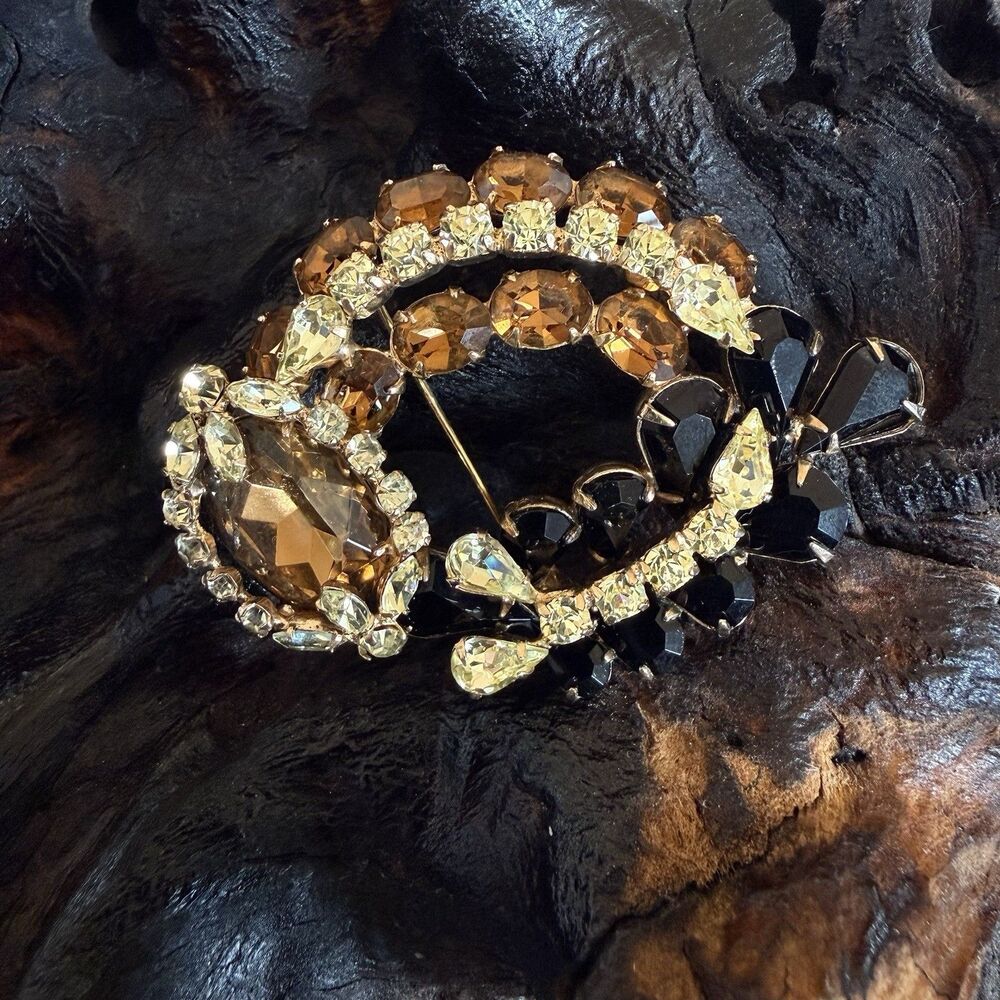 Vintage Signed Kramer of NY Brooch Champagne Amber Rhinestones Rhodium Plated